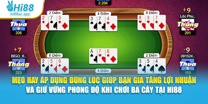 Mẹo hay áp dụng đúng lúc giúp bạn gia tăng lợi nhuận và giữ vững phong độ khi chơi Ba Cây tại Hi88